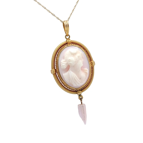 10K & 14K Lavalier Necklace with Pink Shell Cameo Pendant   j7660